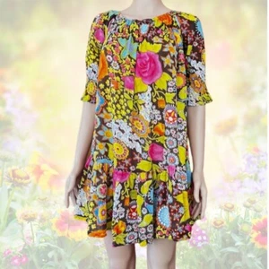 Vintage Floral Cotton Short Dress Shirred Sleeves and Ruffle Hippy Boho Girl - Picture 1 of 12