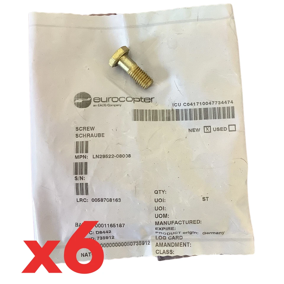 x6 tornillos LN29522-08008 para fuselaje American OEM Eurocopter Airbus helicóptero Foto 1 de 1