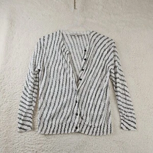 Ann Taylor Loft Cardigan Women's Medium White Blue Stripe Business Work Wear - Picture 1 of 10