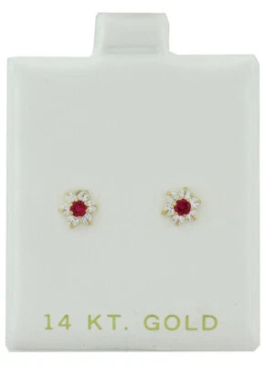 LAB CREATED RUBY & WHITE SAPPHIRES STUD EARRINGS 14k GOLD - NWT - SCREW BACKS - Image 1 of 3