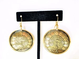 Women Handmade Artisan Ethnic Boho Peacock Dangle Hook Earrings Gold Black - Picture 1 of 4