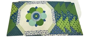 Vintage Blue Green Patchwork Quilt Rectangle Placemats 70s Retro Set of 4 MCM - Picture 1 of 6