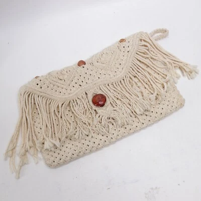 Винтажный макраме застежки Дамская сумка M слоновой кости бахрома дерева бусина сумочки переключатель сумка хиппи - Изображение 1 из 4