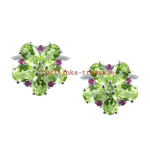 Natural Peridot & Ruby Gemstones With 925 Sterling Silver Cufflinks For Men's #4 - Picture 1 of 3