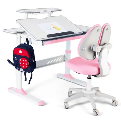 Pink Height Adjustable Kids Study Desk & Chair Set Student Table w/Shelf,Drawer - Image 1 of 4