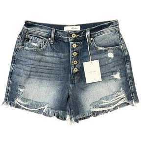 KanCan Jean Shorts Blue Denim New Raw Hem Lorna Ultra High Rise Mom Size Large - Picture 1 of 10