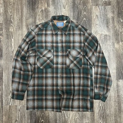 Pendleton Shirt Mens Medium Green Brown Plaid Wool Made USA Lined Button Front - Image 1 of 4
