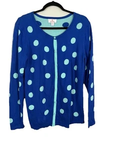 Quacker Factory Womens Sz M Cardigan Sweater Turquoise and Blue Polka Dot - Picture 1 of 5