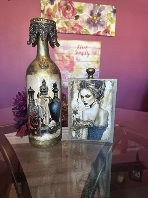 Decorative Glass Bottle And Wood Sign Black Gold Vintage Perfume Bottles Crown - Image 1 of 3