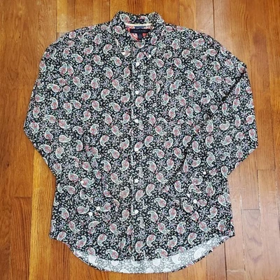 Camisa masculina Tommy Hilfiger média preta paisley slim fit botão para cima casual - Imagem 1 de 4