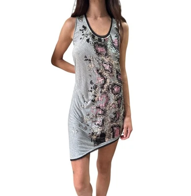 ROBERTO CAVALLI Asymmetrical Sleeveless Mini Dress 44 Gray Multicolor Sequin - Image 1 of 4