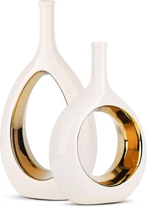 Weiß und Gold Vase Keramik weiße Vasen Wohndeko, modern minimalistisch Kreis mit - Bild 1 von 13