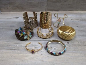 Lot Of 8 Gold Tone Two Cuff Bangle Bracelets - Picture 1 of 17
