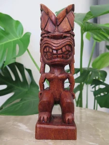 Hawaii Hand Made Home Decor Solid Wood Polynesian 8" Tiki Kū Engraved Statue - Picture 1 of 9