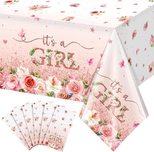 6 Pack Floral Baby Shower Tablecloth, It's a Girl 6 Pack, Pink, Multi Color - Picture 1 of 8