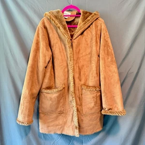 St. John’s Bay Women’s Faux Suede Sherpa Lined Hooded Coat Size L Tan Brown - Picture 1 of 6