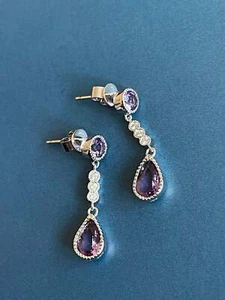 18ct White Gold Amethyst Diamond Earrings in Pear Drop Teardrops Dangle - Picture 1 of 5