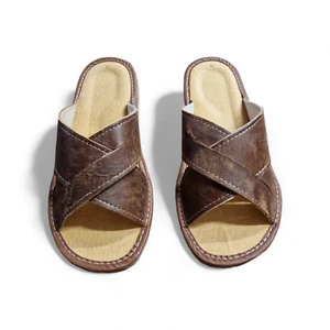 Men open-toe slippers, dark brown leather, sizes EU 40-46, Handmade, Bresco - Picture 1 of 9
