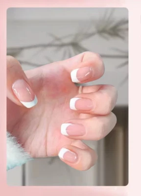 NATULUXE 24x Short Square False Nails French Manicure Fake Tips Press On Full Cover Nails