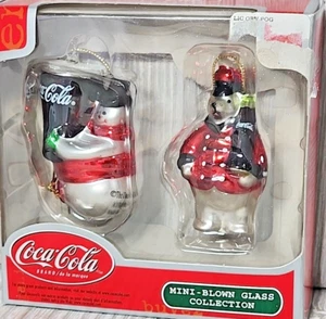 Coca-Cola 2 Mini Blown Glass Ornaments COKE Polar Bear and Snowman Multi Color - Picture 1 of 7