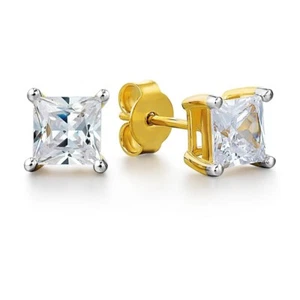 14K Yellow Gold 4 ct. Simulated Diamond Princess Cut Studs Earrings - Picture 1 of 1