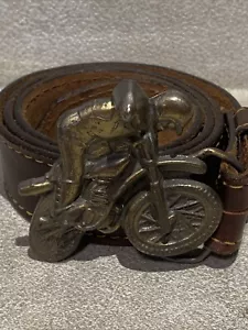 Vtg Brass Rider on a Dirt Bike Belt Buckle attached to a 29-34W Leather Belt - Picture 1 of 5