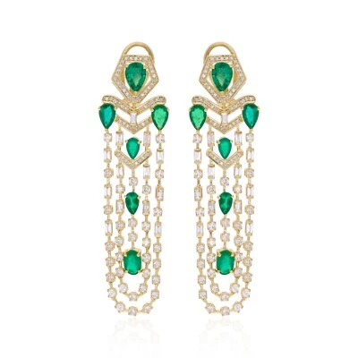 Zambian Emerald Lab Grown CVD Diamond 14k Yellow Solid Gold Chandelier Earrings - Image 1 of 4