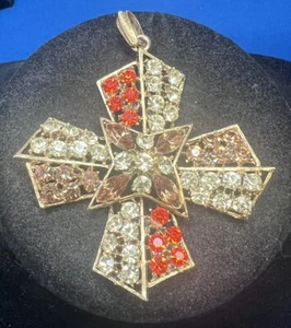 Vintage Anhänger goldfarben orange Bernstein gelb Strass Malteserkreuz - Bild 1 von 3