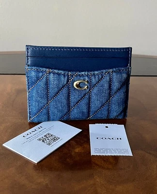 COACH AL POR MENOR Azul Profundo Acolchado Denim Cuero Liso ESENCIAL TARJETERO BILLETERA Foto 1 de 4