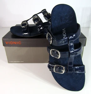 Vionic Misa Sandals Blue Leather Arch Support Triple Strap Slide Womens Size 10W - Picture 1 of 10