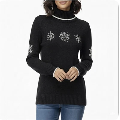 Quacker Factory Black Snowflakes Glitter Sequin Turtleneck Tunic Sweater MEDIUM - Image 1 of 4