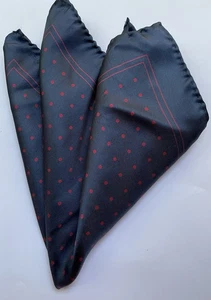 Silk Pocket Square, Dark Blue Red Polka Dots Thin Lines 12 Inch Tie Rack Italy - Picture 1 of 6