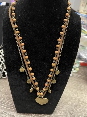 American Eagle Boho Layered Necklace Wood Beads Suede Chain Heart Pendant - Image 1 of 4