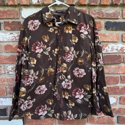 Chaps Women’s 2X Brown Floral Button Up Shirt Long Sleeve Ralph Lauren Fall Read - Image 1 of 4