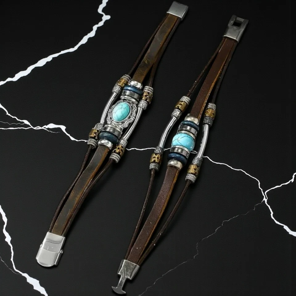 Monas modernes Duo 2x Herren Freundschaftsarmband Leder Clipverschluss Türkis EU - Bild 1 von 4