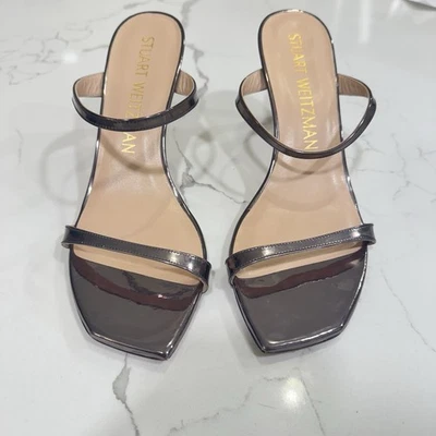 Sandalias de tacón Stuart Weitzman Aleena plateadas metálicas de cuero para mujer 9,5 Foto 1 de 4