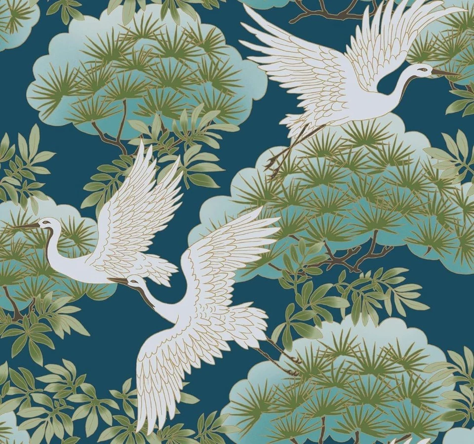 Wallpaper Sprig & Heron Dark Blue Green Brown Gold White , 60 sq ft Bolt - Image 1 of 3