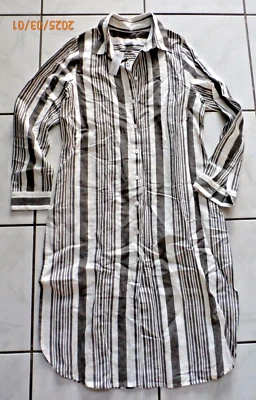 NUEVO CON ETIQUETAS Chicos Mezcla de Lino Maxi Camisa Plumero Abertura Lateral Rayas Marrón Talla 0 Pequeña G874 Foto 1 de 4