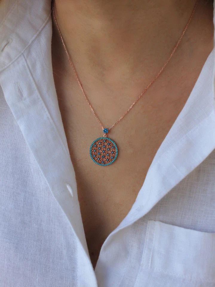 14K Gold Plated 925 Sterling Silver Turquoise Stone Flower of Life Necklace - Image 1 of 4