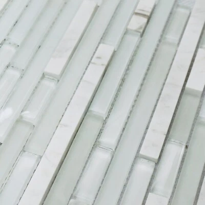 Mosaic Tiles Sheet Genoa White Stripes Glass And Stone  Walls Floors Bathroom - Image 1 of 4