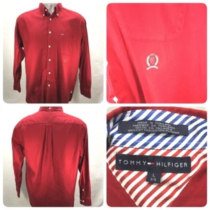 TOMMY HILFIGER Mens L Red Solid Long Sleeve Crest Button Down Dress Shirt    B10 - Picture 1 of 9