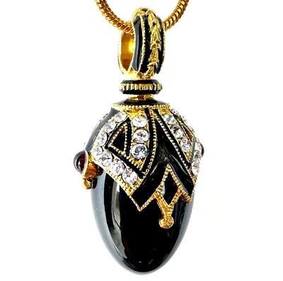 Black Onyx Sterling Faberge Art Deco Egg Pendant Crystals Enamel Genuine Garnets - Image 1 of 4