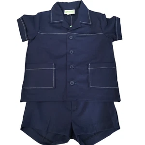 Vintage 70s 80s Marjory Daw Navy Button Down Shirt with Matching Shorts Size 4 5 - Picture 1 of 10