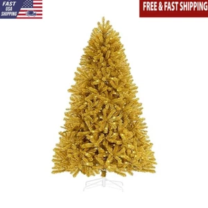 Prelit Gold Christmas Tree 6.5ft 978 Branch Tips 450 Warm Lights Metal Stand New - Picture 1 of 8