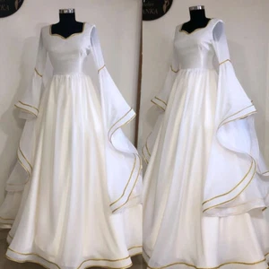 Elegant Long Sleeves Wedding Dresses A Line V Neck Satin Chiffon Bridal Gowns - Picture 1 of 12