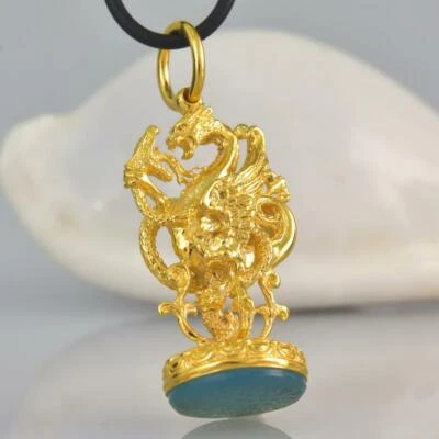 Pendant Gold Vermeil Sterling Blue Chalcedony Dragon Fob Seal Stamp 14.19 g - Image 1 of 4