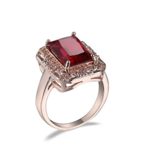 Princess Red Zircon 18k Rose Gold Filled Ring Women's Wedding Jewlery Size 6-10