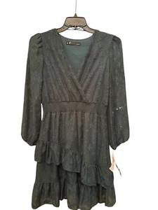 LF Chiffon Surplice V-Neck Balloon Sleeves Tiered Ruffle Hem Wrap Dress. Size 10 - Picture 1 of 10
