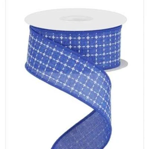 Cuadrados cosidos elevados, azul real/blanco, arpillera real, cinta con cable, 1,5" de ancho - Imagen 1 de 1