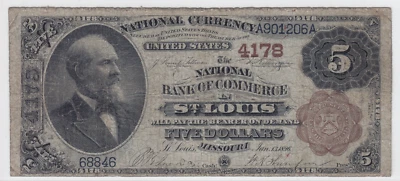 1882 National Bank of Commerce St. Louis MO $5 Brown Back Note CH# 4178 #68846 - Image 1 of 2